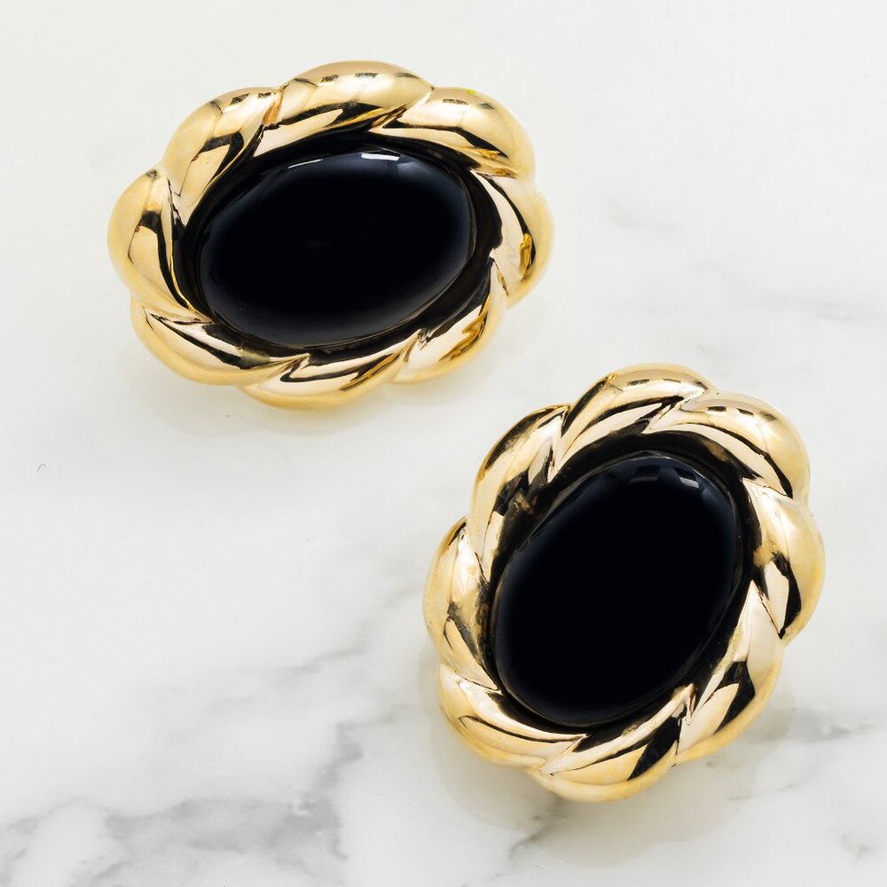 14k Yellow Gold Onyx Oval Earrings